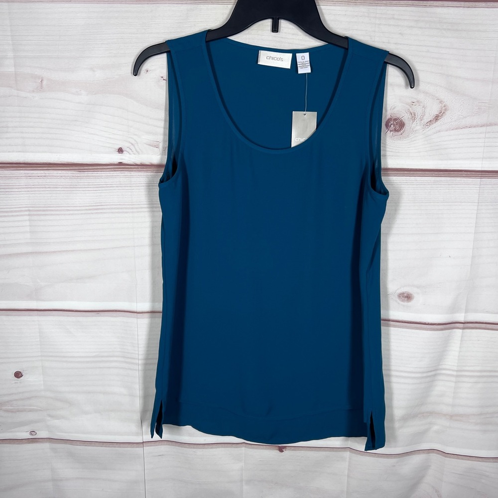 Chico's Tank Top Women 0 S Teal Blue Sleeveless Scoop Neck Layering Solid Slit